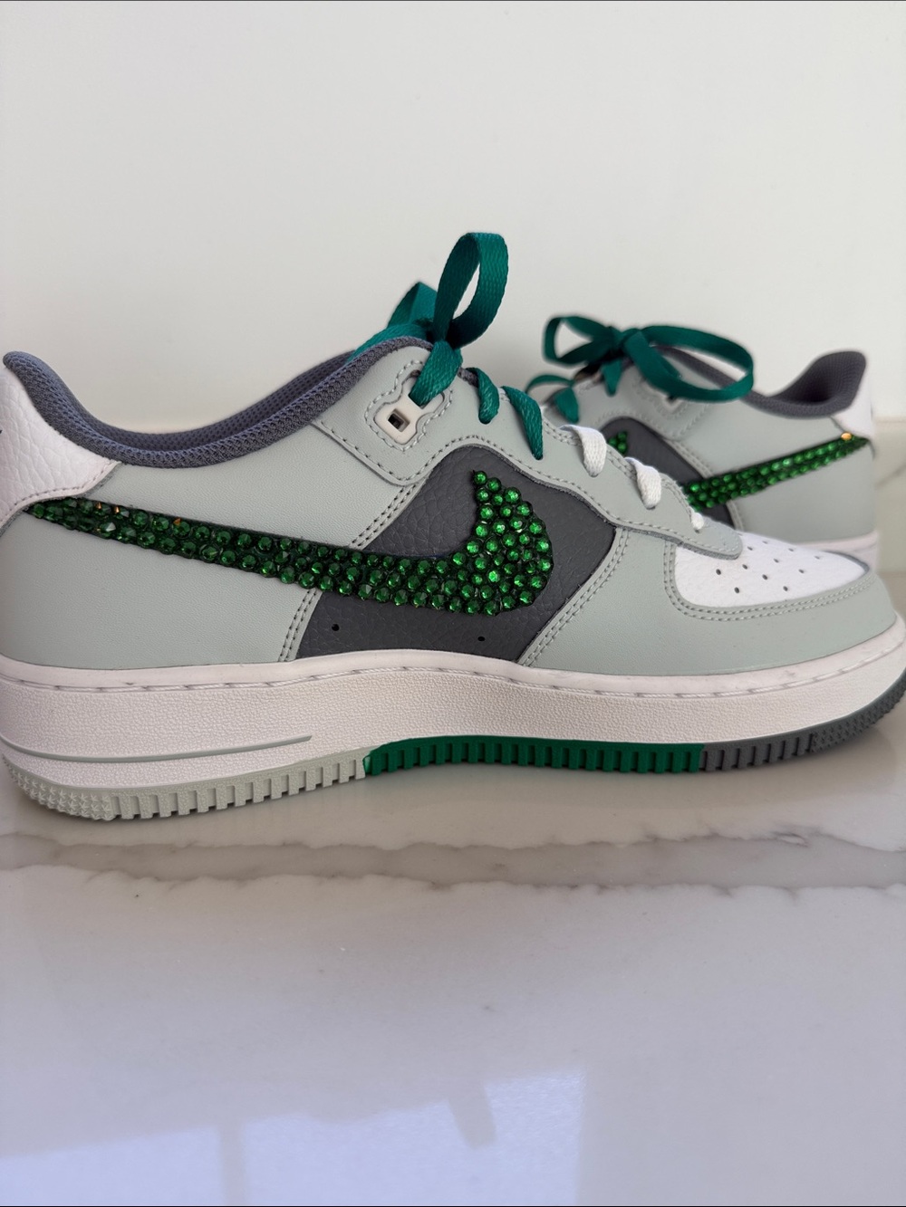 Green and Gray Nike Air Sneakers with Crystal Swoosh